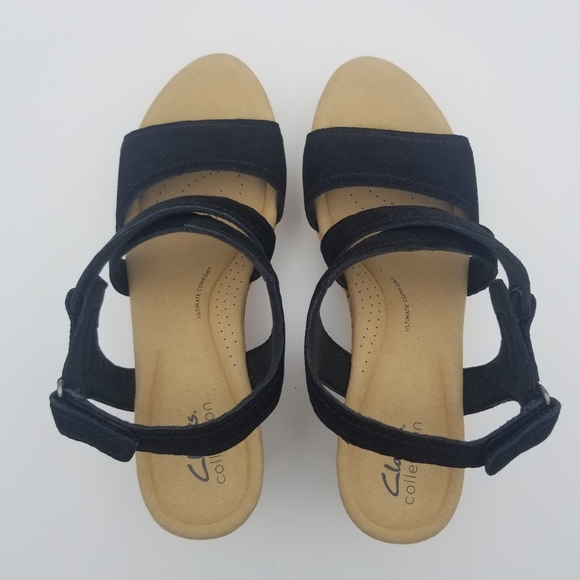 NWOT 9.5W Wide Clarks Rose Way Crisscross Platform Wedge Sandals, Black Suede - Picture 8 of 16